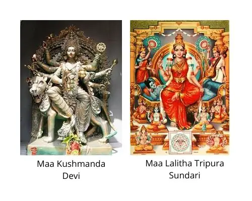 Maa Kushmanda devi and Lalitha Trupura Sundari images in the Navaratri Parenting Pebbles blogpost by Mommyshravmusings