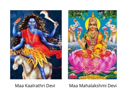 Maa Kaalrathri devi and Mahalakshmi devi images from Wikipedia for the Navratri Parenting Pebbles blogpost by Mommyshravmusings